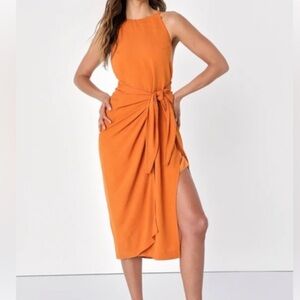 Lulus Malaga Moment Rust Orange faux wrap dress size L